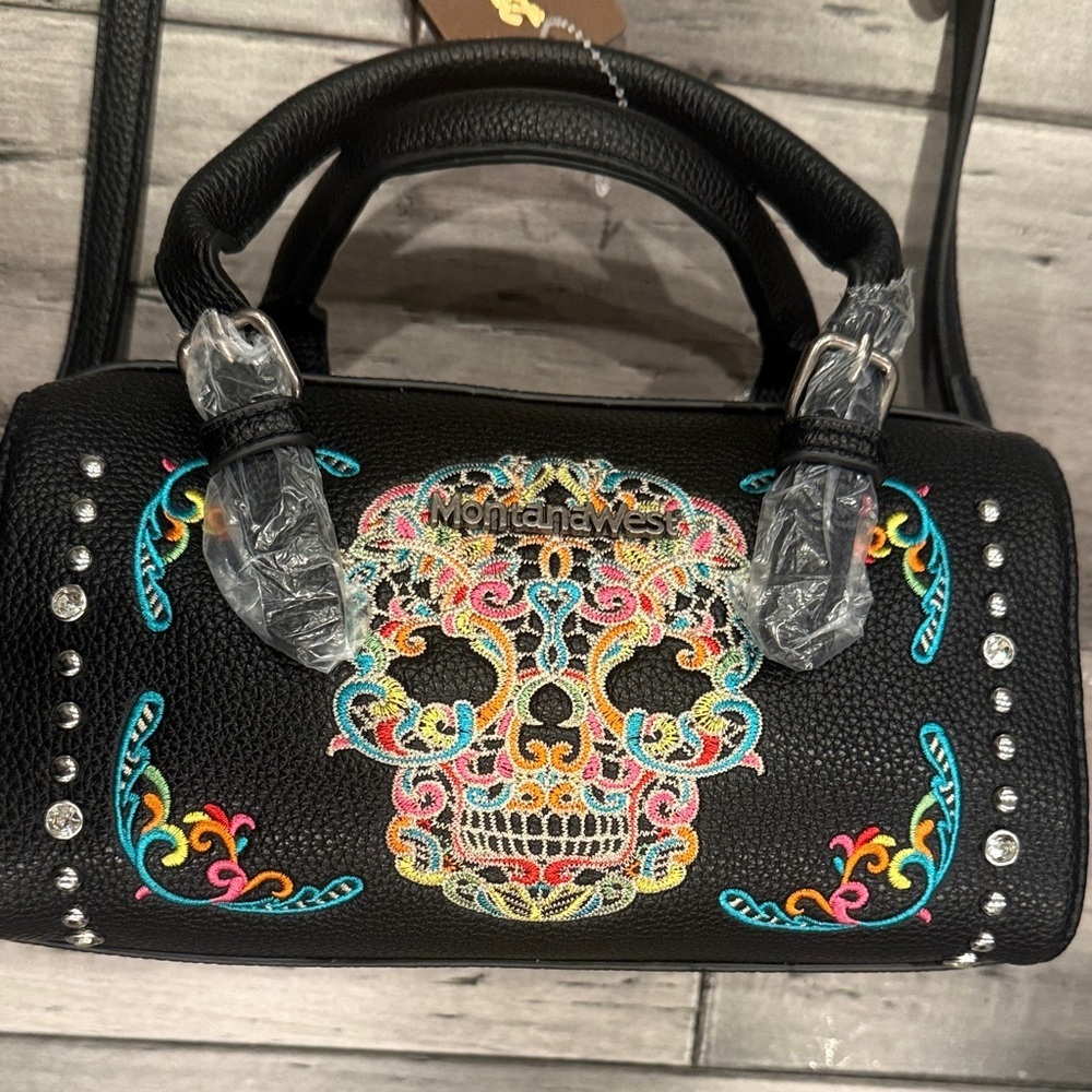 Montana West Black Satchel with Colorful Embroidered Sugar Skull